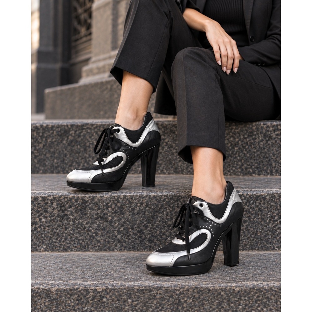 Hogan Black Silver Lace Up Platform Oxford Heels Size 8